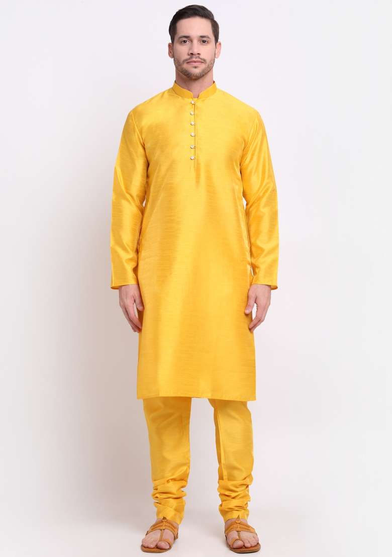 Mustard Yellow Solid Silk Blend Kurta Set For Men - Indya