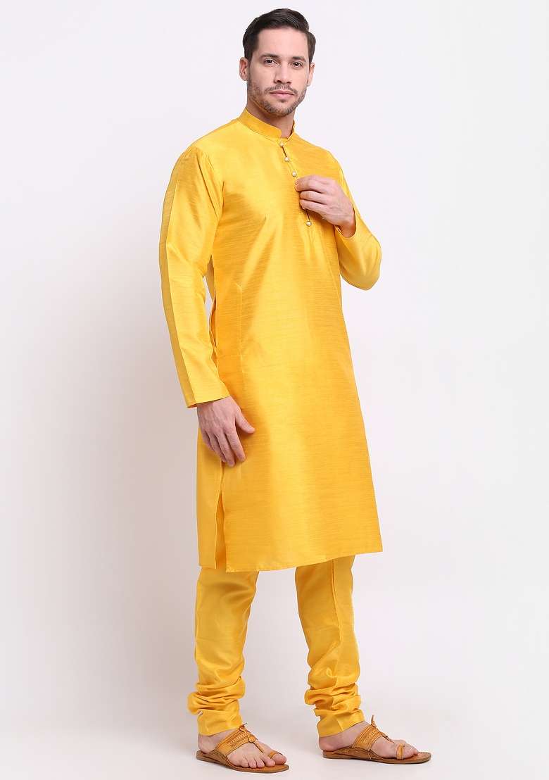 Mustard Yellow Solid Silk Blend Kurta Set For Men - Indya