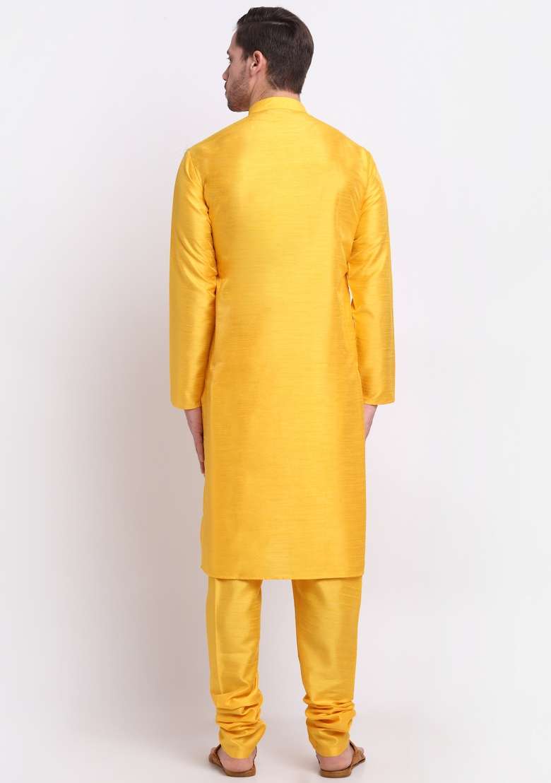 Mustard Yellow Solid Silk Blend Kurta Set For Men - Indya
