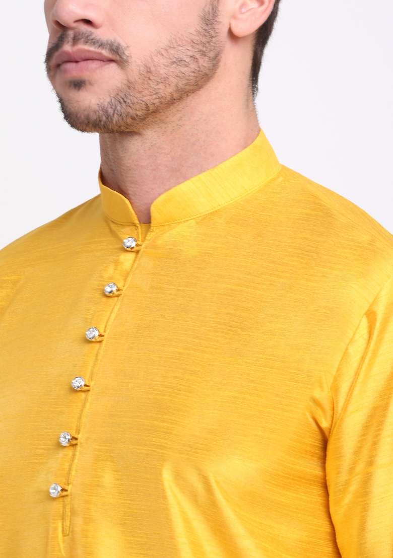 Mustard Yellow Solid Silk Blend Kurta Set For Men - Indya