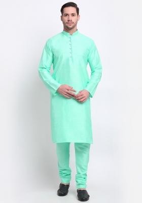 Green Solid Silk Blend Kurta Set For Men