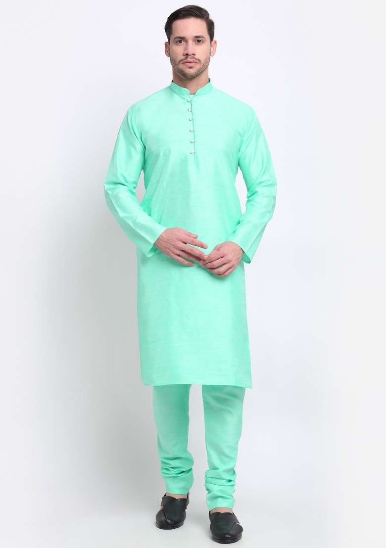 Green Solid Silk Blend Kurta Set For Men - Indya
