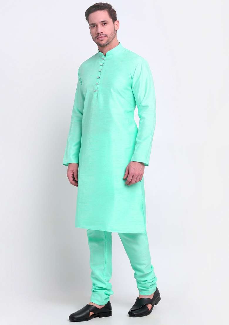 Green Solid Silk Blend Kurta Set For Men - Indya