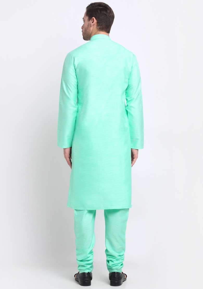 Green Solid Silk Blend Kurta Set For Men - Indya