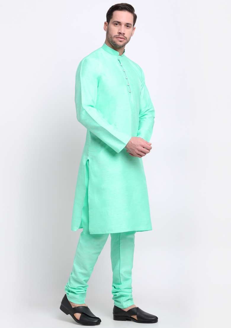 Green Solid Silk Blend Kurta Set For Men - Indya