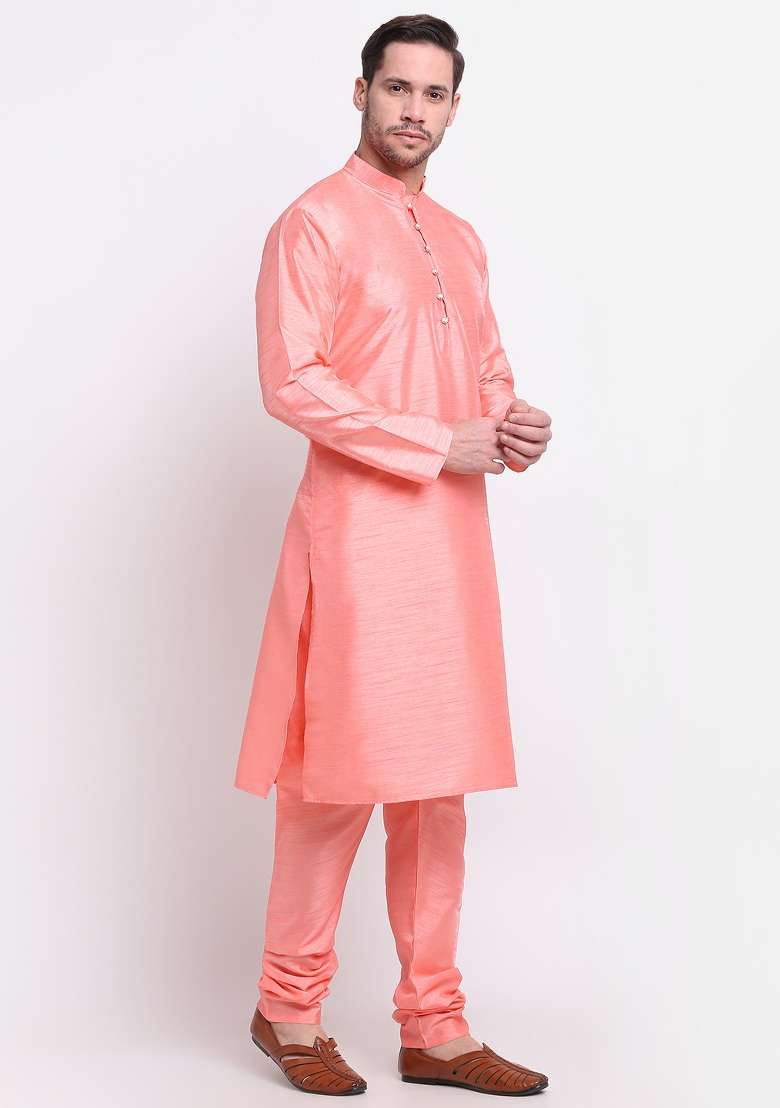 Pink Solid Silk Blend Kurta Set For Men - Indya