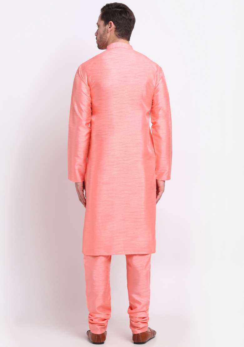 Pink Solid Silk Blend Kurta Set For Men - Indya