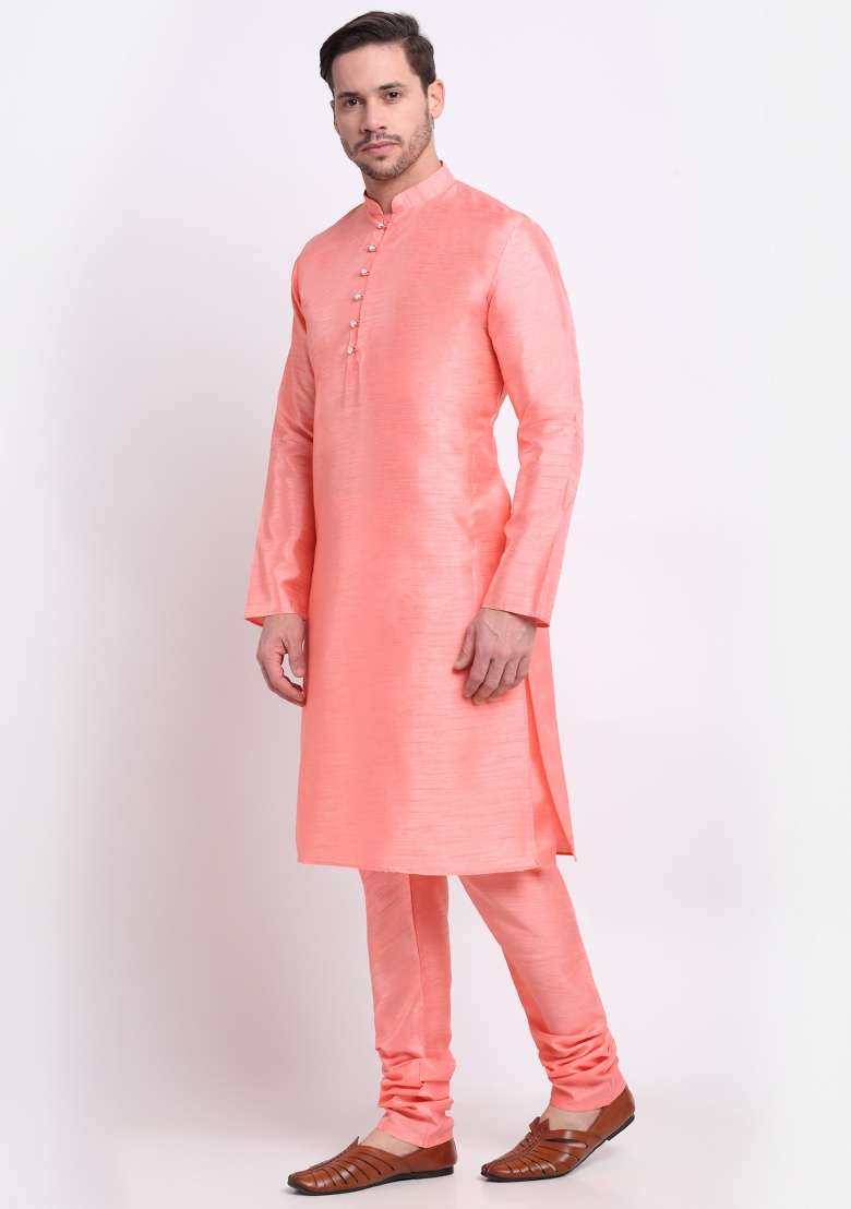 Pink Solid Silk Blend Kurta Set For Men - Indya