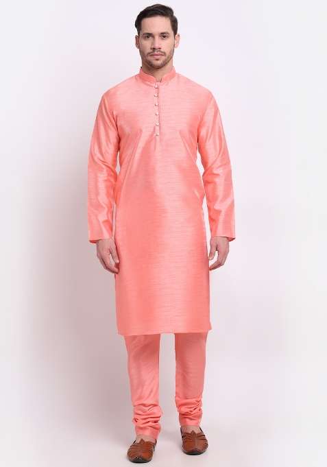 Pink Solid Silk Blend Kurta Set For Men