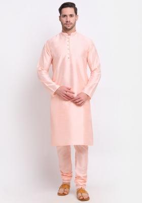 Peach Solid Silk Blend Kurta Set For Men