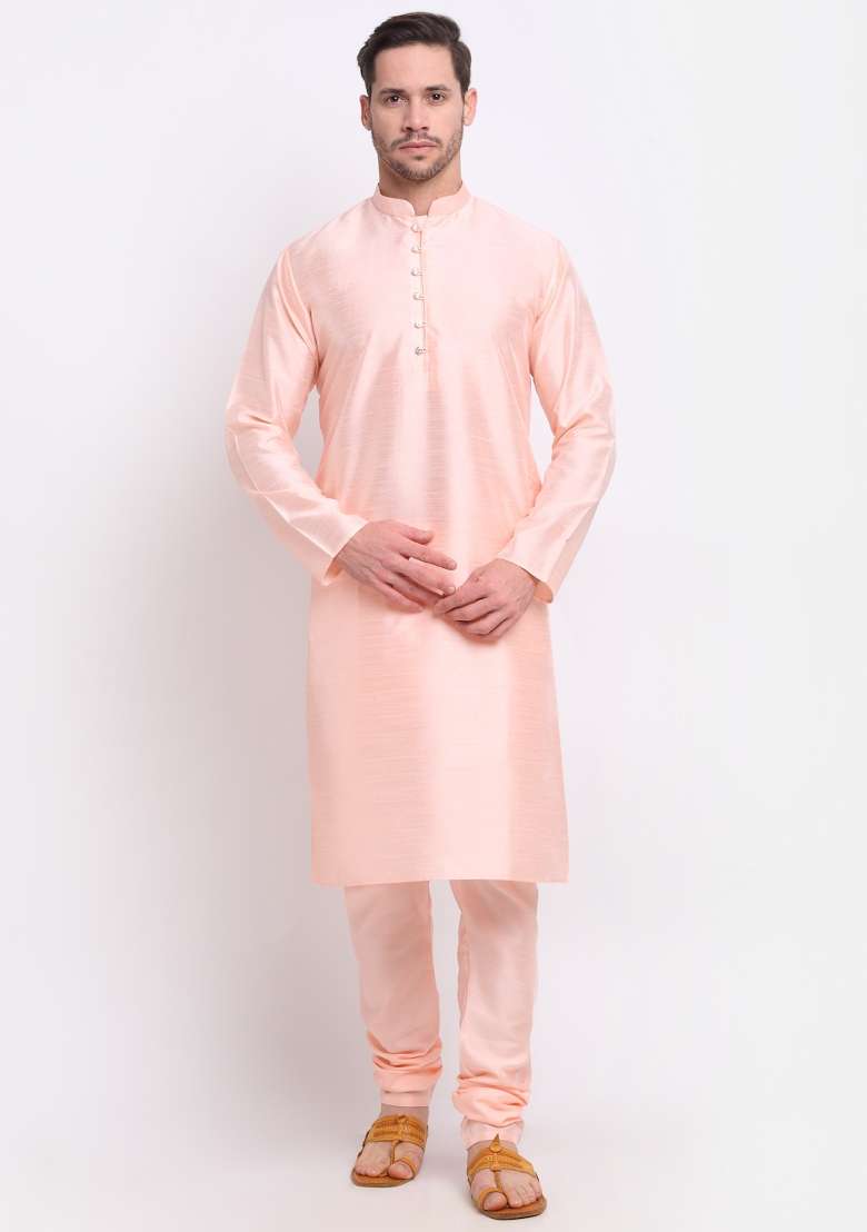 Peach Solid Silk Blend Kurta Set For Men - Indya