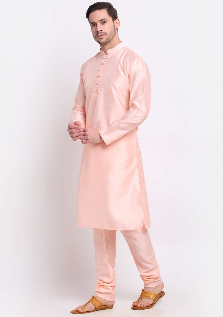 Peach Solid Silk Blend Kurta Set For Men - Indya