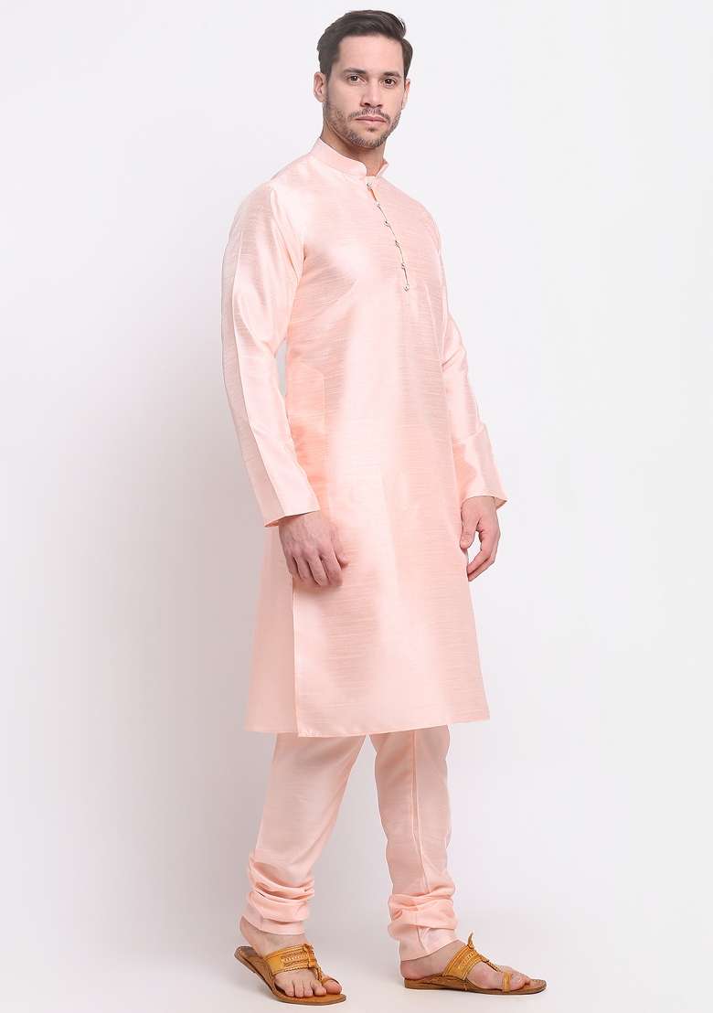 Peach Solid Silk Blend Kurta Set For Men - Indya