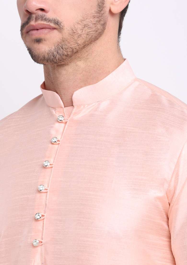 Peach Solid Silk Blend Kurta Set For Men - Indya