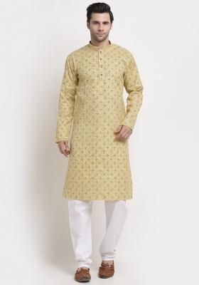 Yellow Printed Cotton Kurta Set For Men