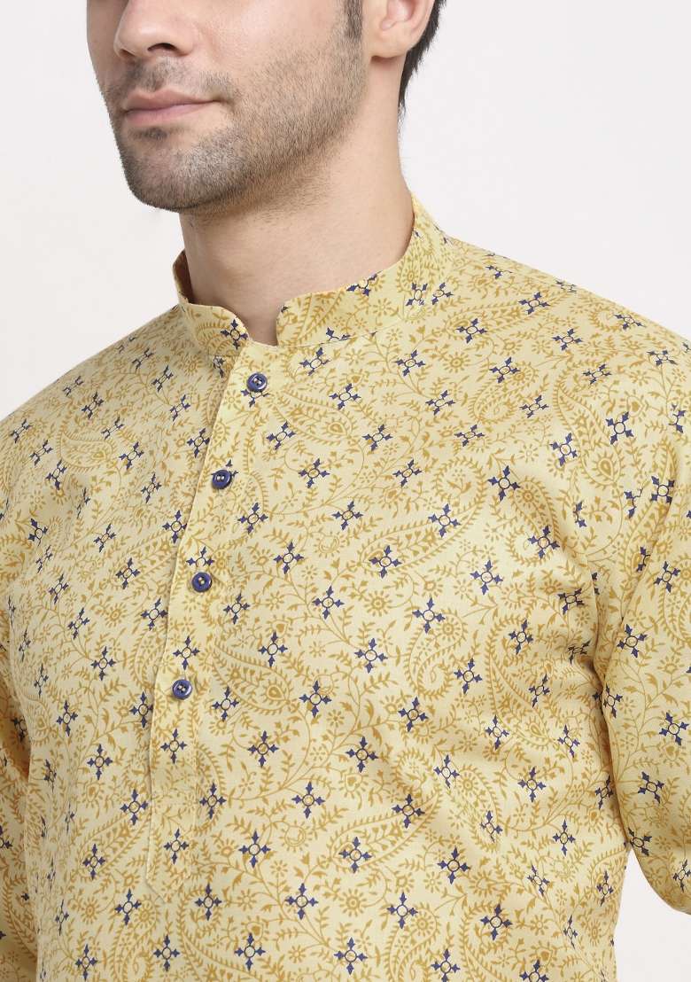 Yellow Printed Cotton Kurta Set For Men - Indya