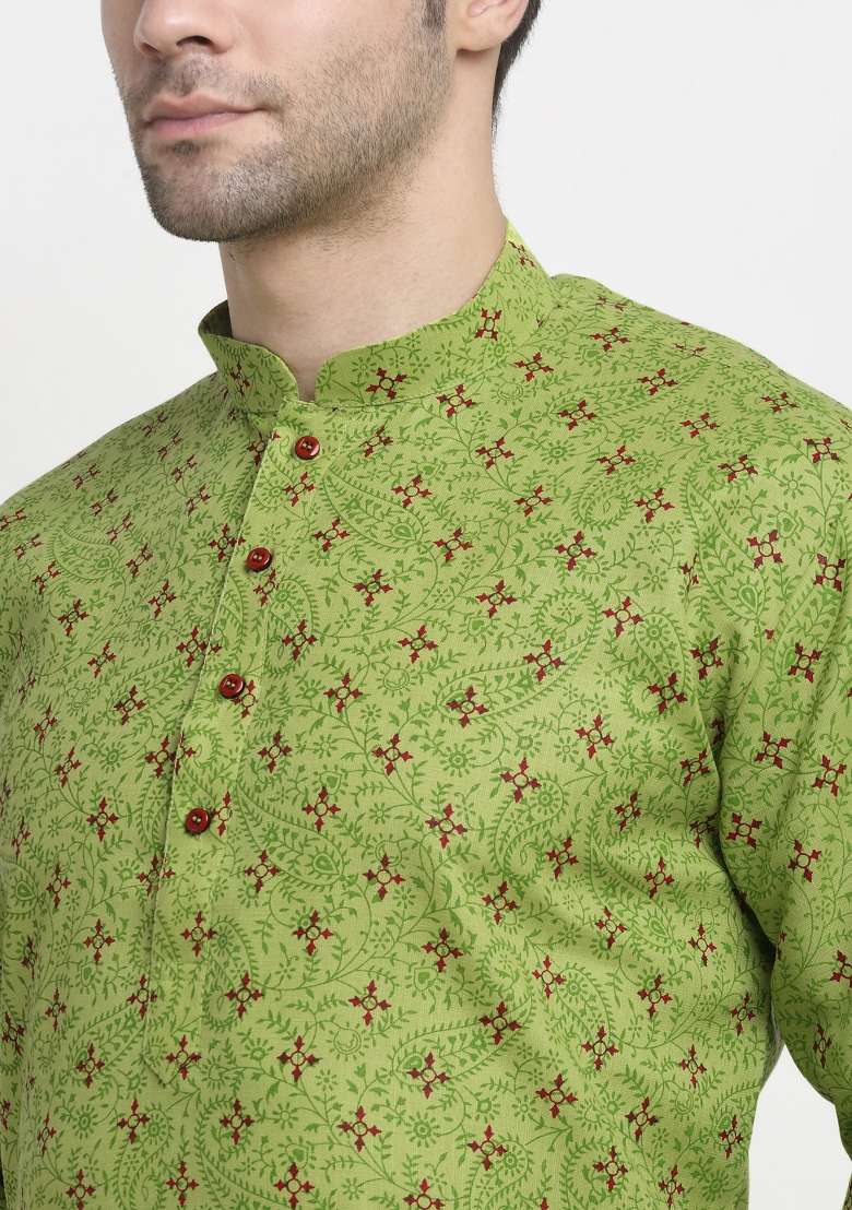Green Printed Cotton Kurta Set For Men - Indya