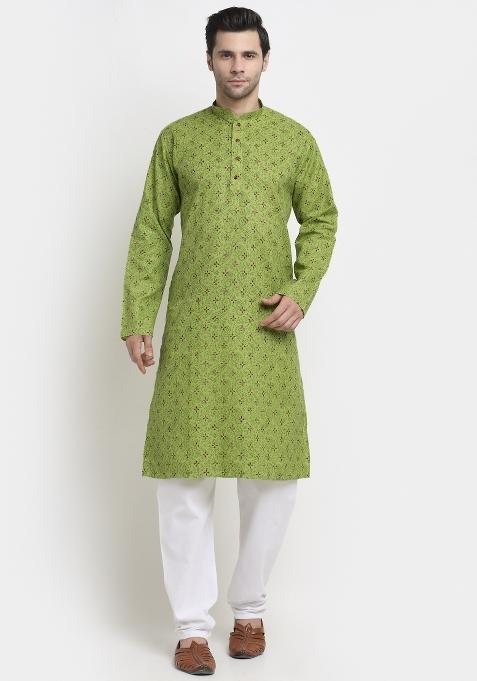 Green Printed Cotton Kurta Set For Men