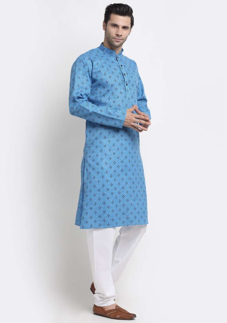 Blue Printed Cotton Kurta Set For Men - Indya