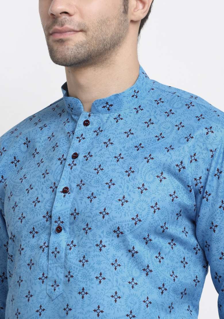 Blue Printed Cotton Kurta Set For Men - Indya