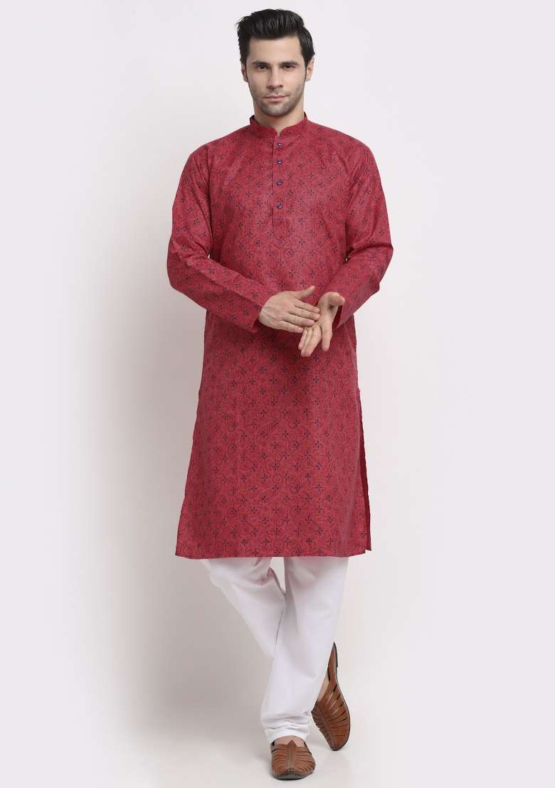 Pink Printed Cotton Kurta Set For Men - Indya