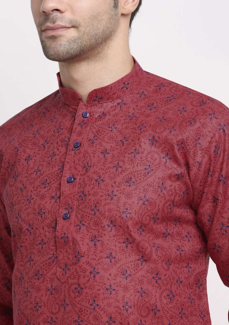 Pink Printed Cotton Kurta Set For Men - Indya