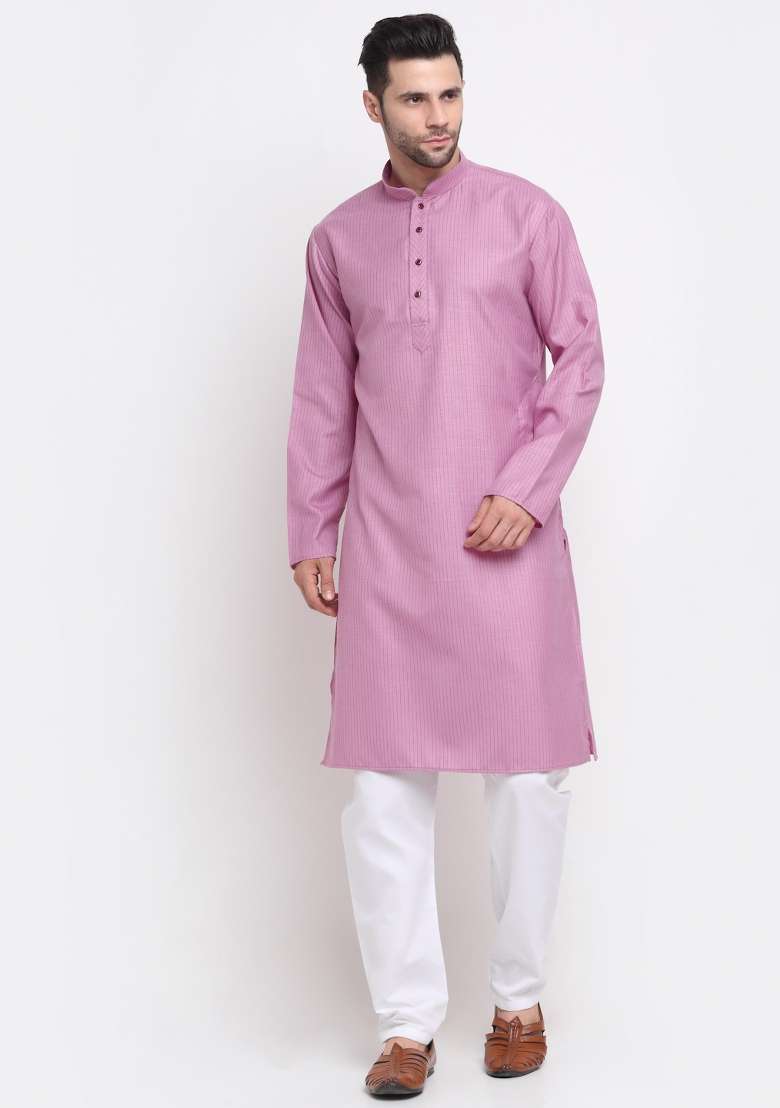 Purple Striped Cotton Kurta Set For Men - Indya