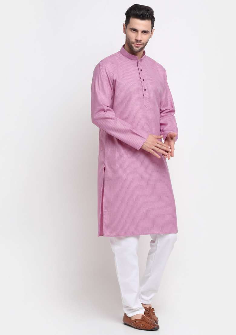 Purple Striped Cotton Kurta Set For Men - Indya