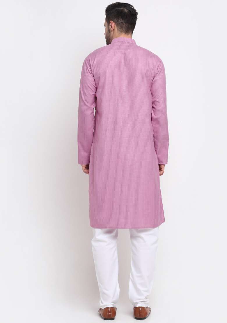 Purple Striped Cotton Kurta Set For Men - Indya