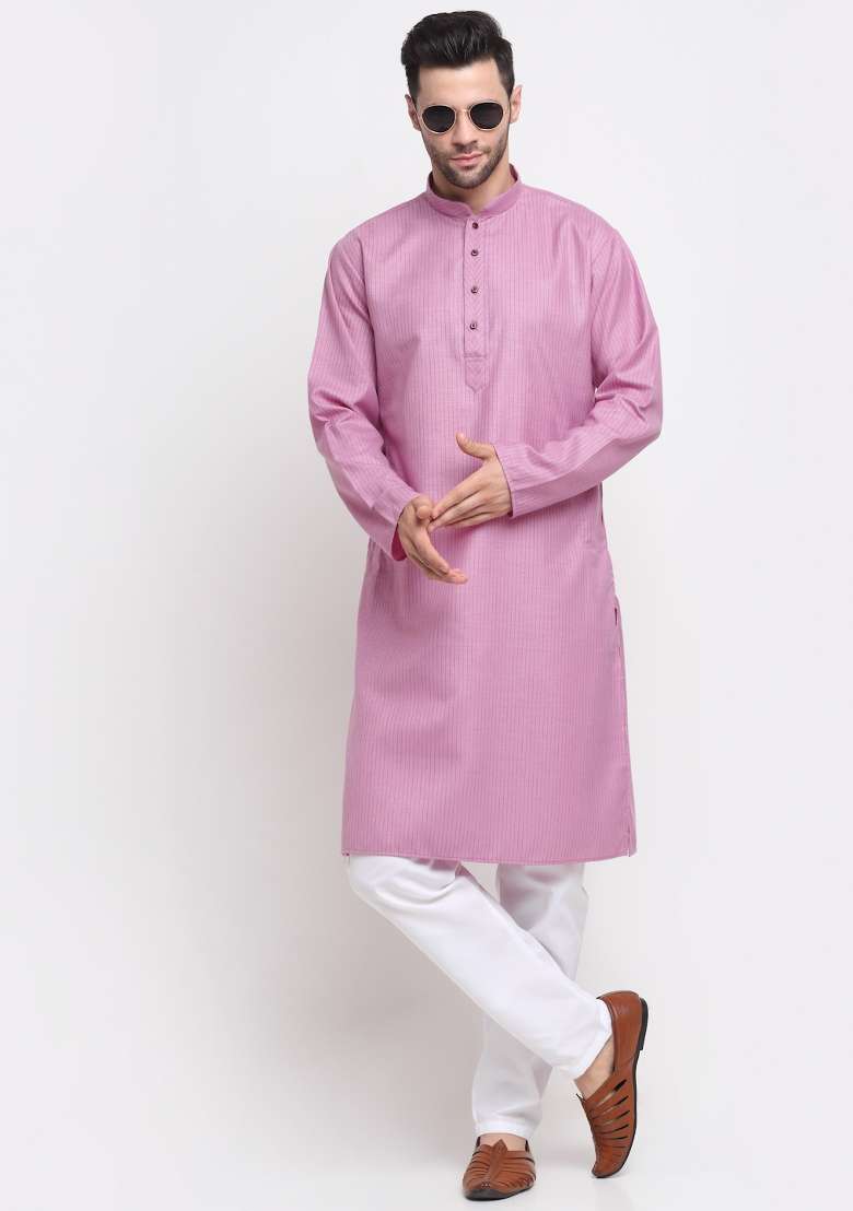 Purple Striped Cotton Kurta Set For Men - Indya
