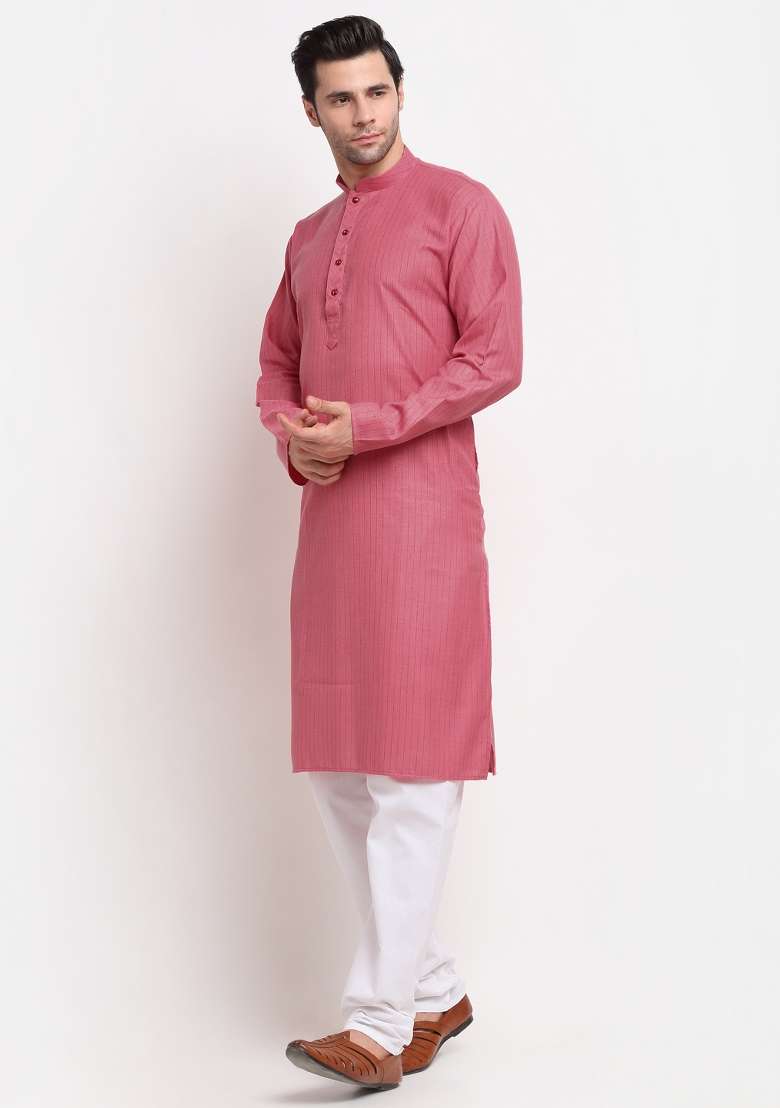Pink Striped Cotton Kurta Set For Men - Indya