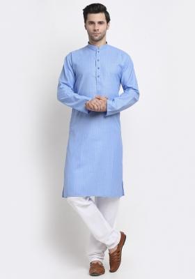 Blue Striped Cotton Kurta Set For Men