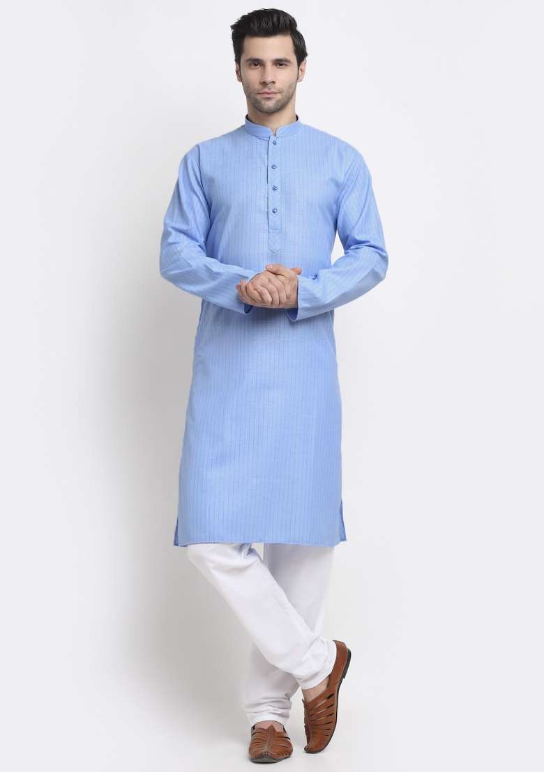 Blue Striped Cotton Kurta Set For Men - Indya