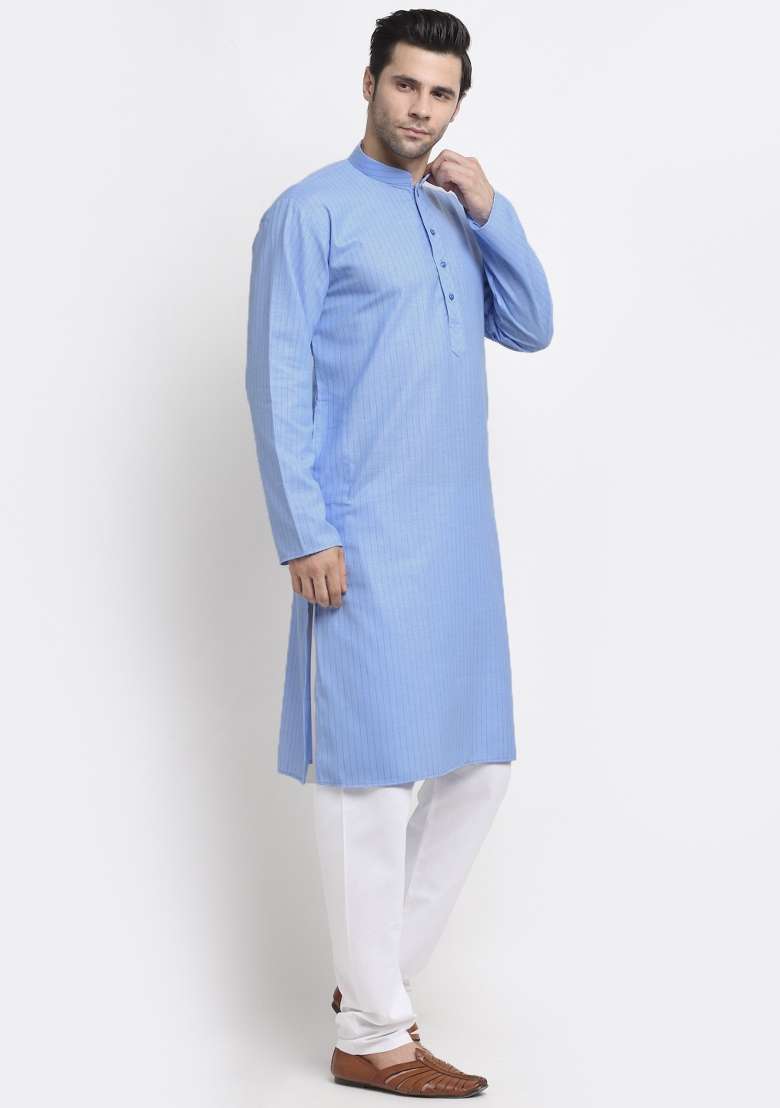 Blue Striped Cotton Kurta Set For Men - Indya