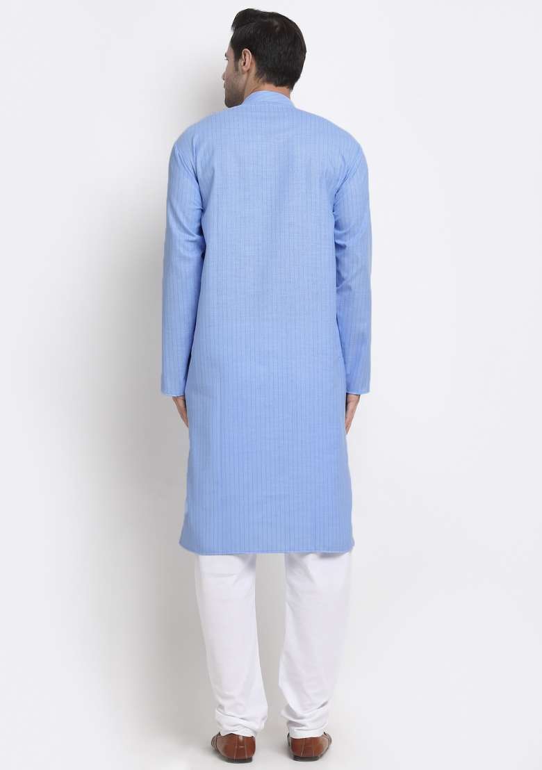 Blue Striped Cotton Kurta Set For Men - Indya