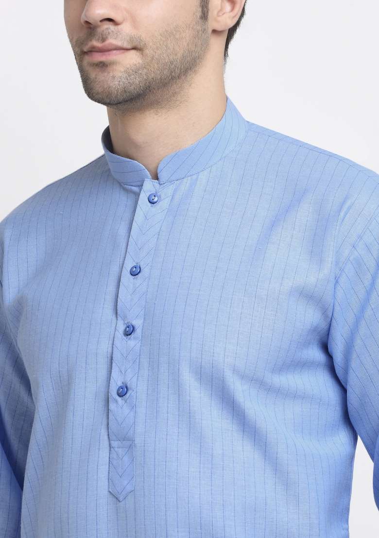 Blue Striped Cotton Kurta Set For Men - Indya