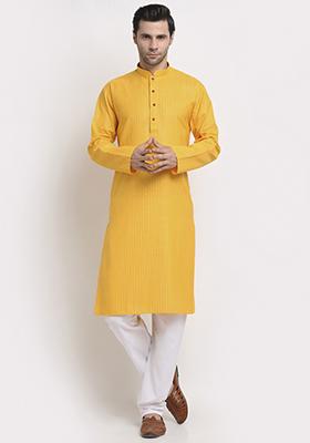 Mustard Yellow Striped Cotton Kurta Set For Men