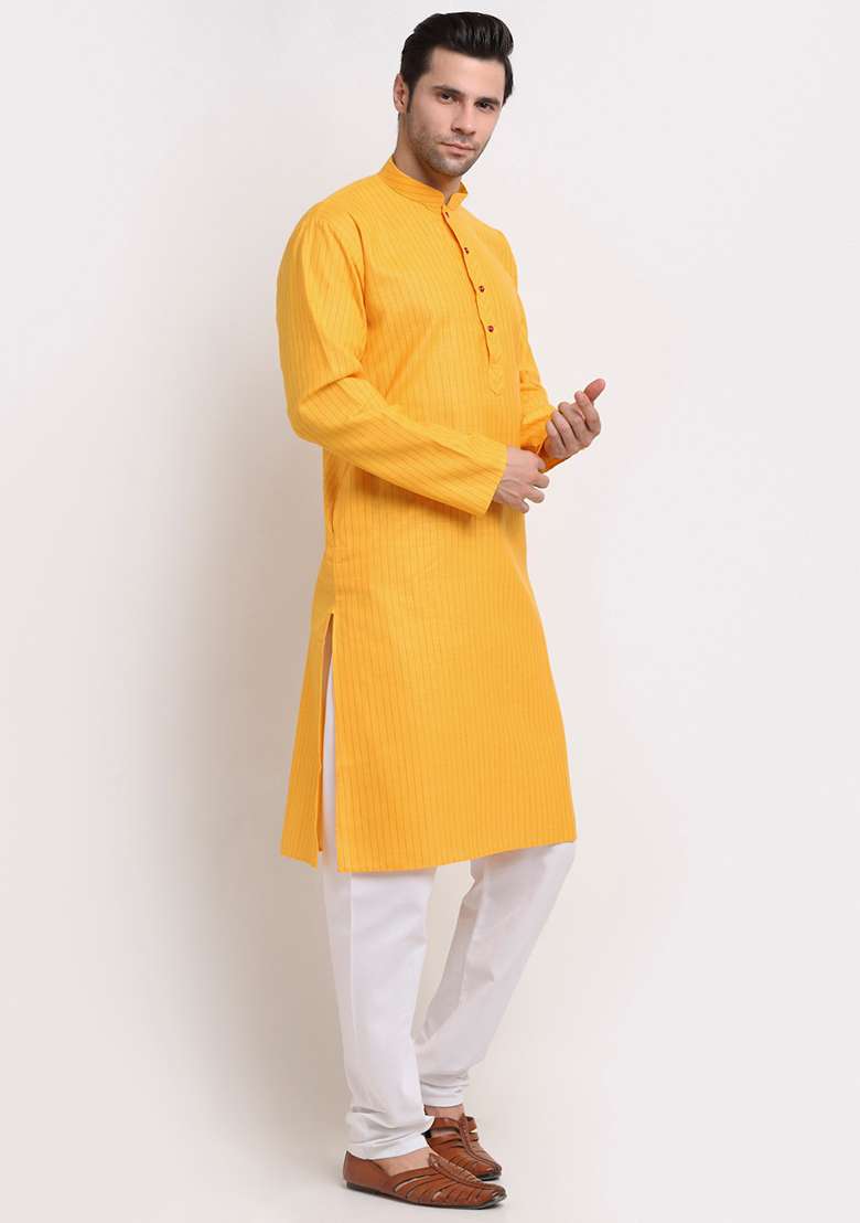 Mustard Yellow Striped Cotton Kurta Set For Men - Indya
