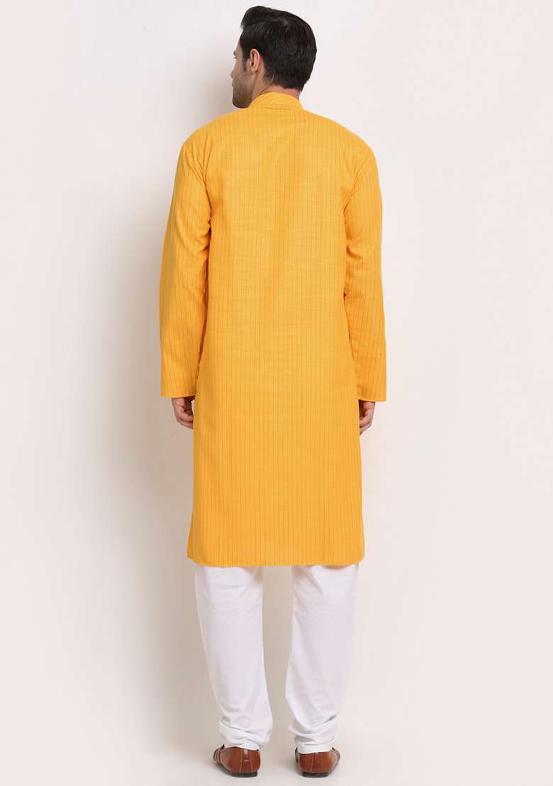 Mustard Yellow Striped Cotton Kurta Set For Men - Indya