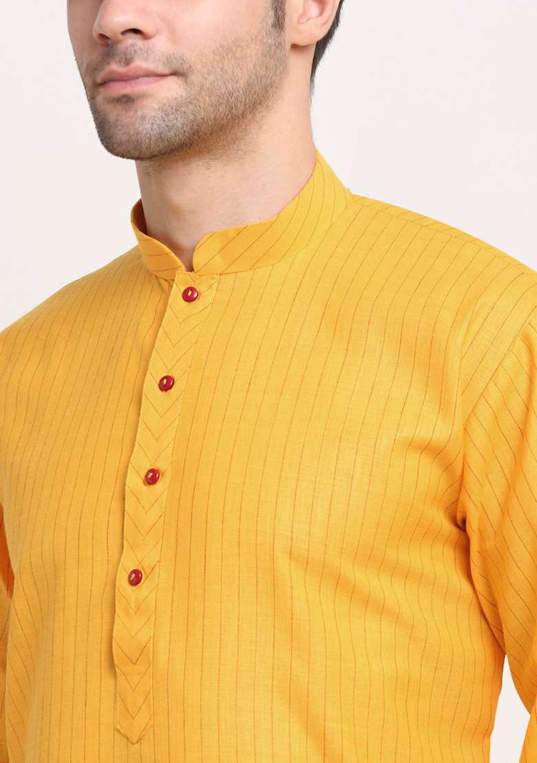 Mustard Yellow Striped Cotton Kurta Set For Men - Indya