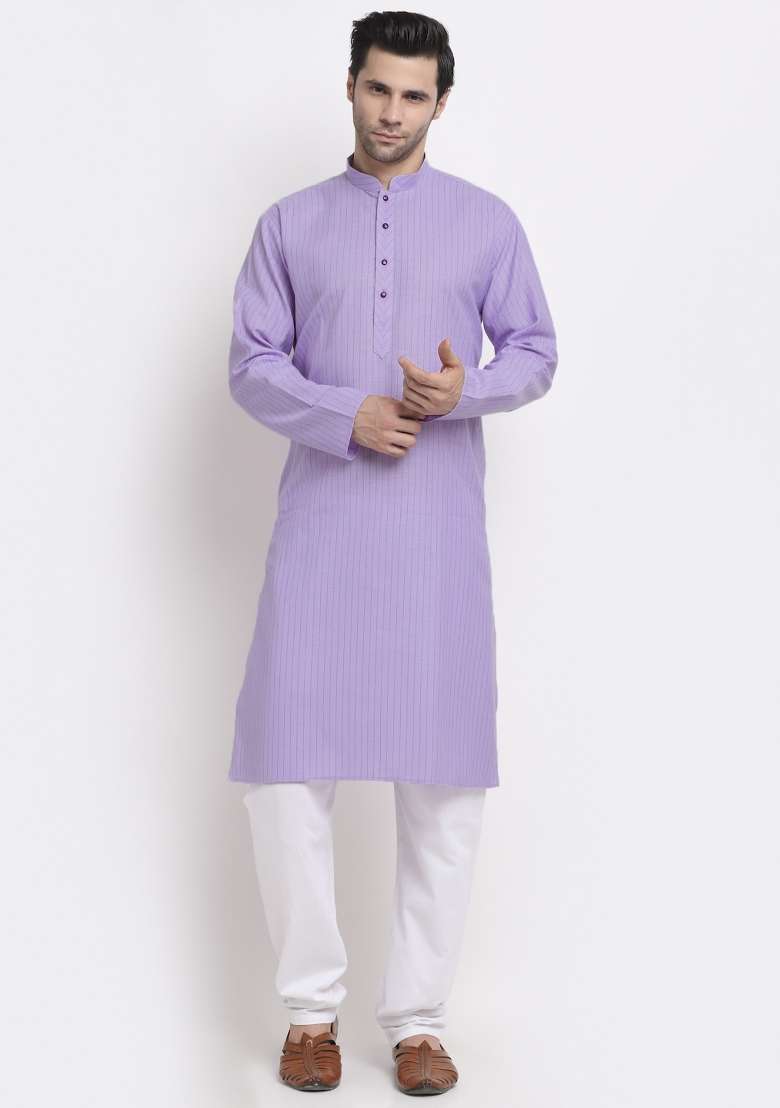 Purple Striped Cotton Kurta Set For Men - Indya