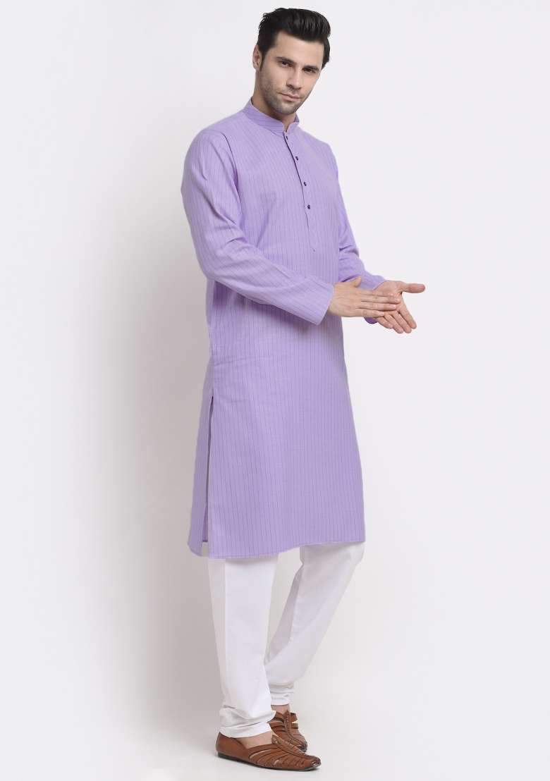 Purple Striped Cotton Kurta Set For Men - Indya