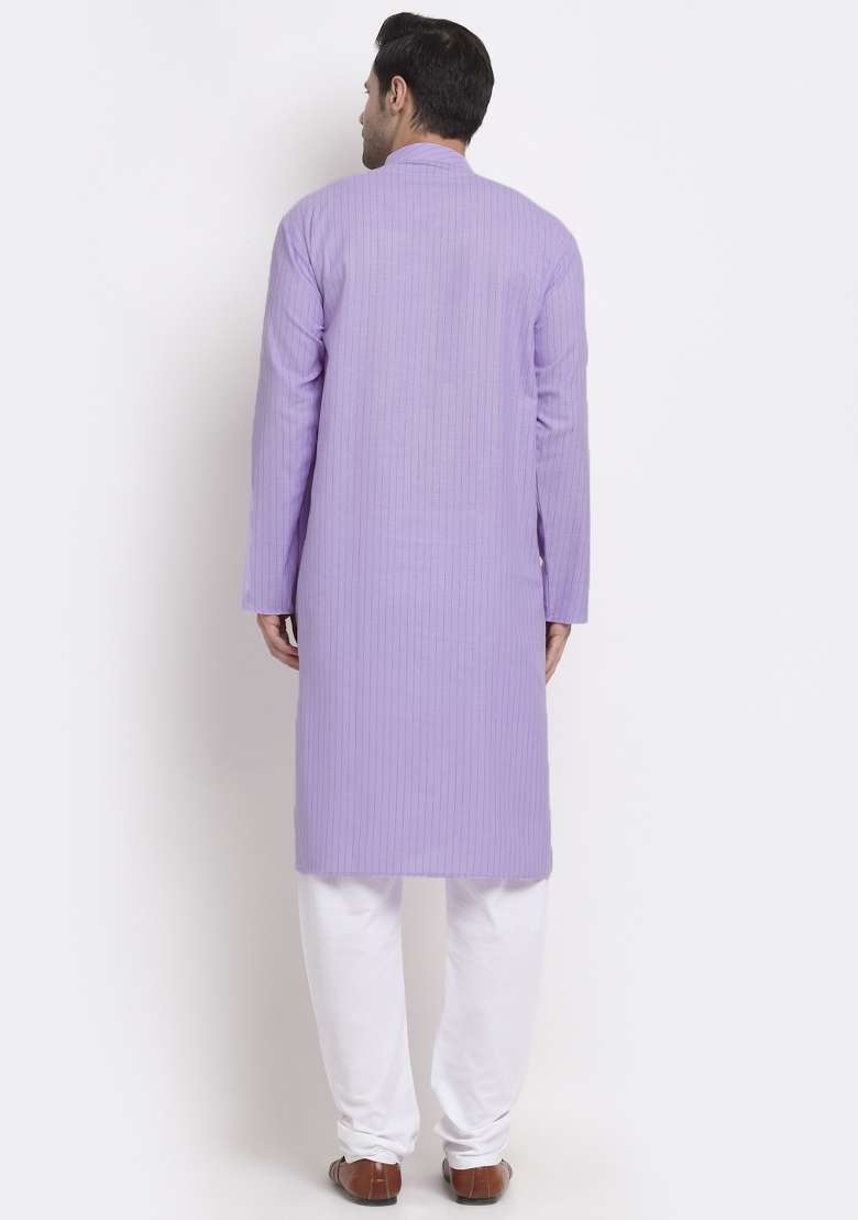 Purple Striped Cotton Kurta Set For Men - Indya