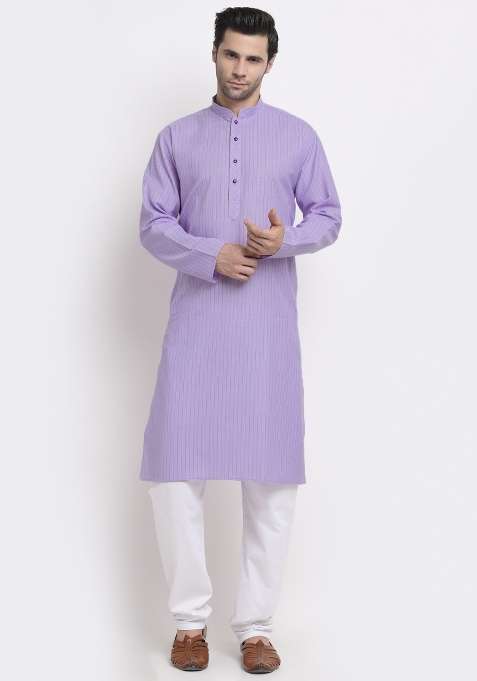 Purple Striped Cotton Kurta Set For Men