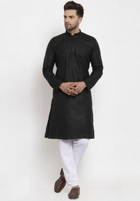 Black Solid Cotton Blend Kurta Set For Men