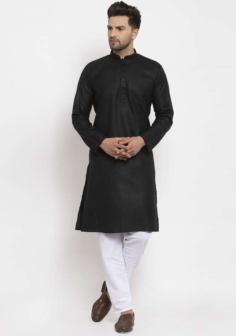 Black Solid Cotton Blend Kurta Set For Men - Indya