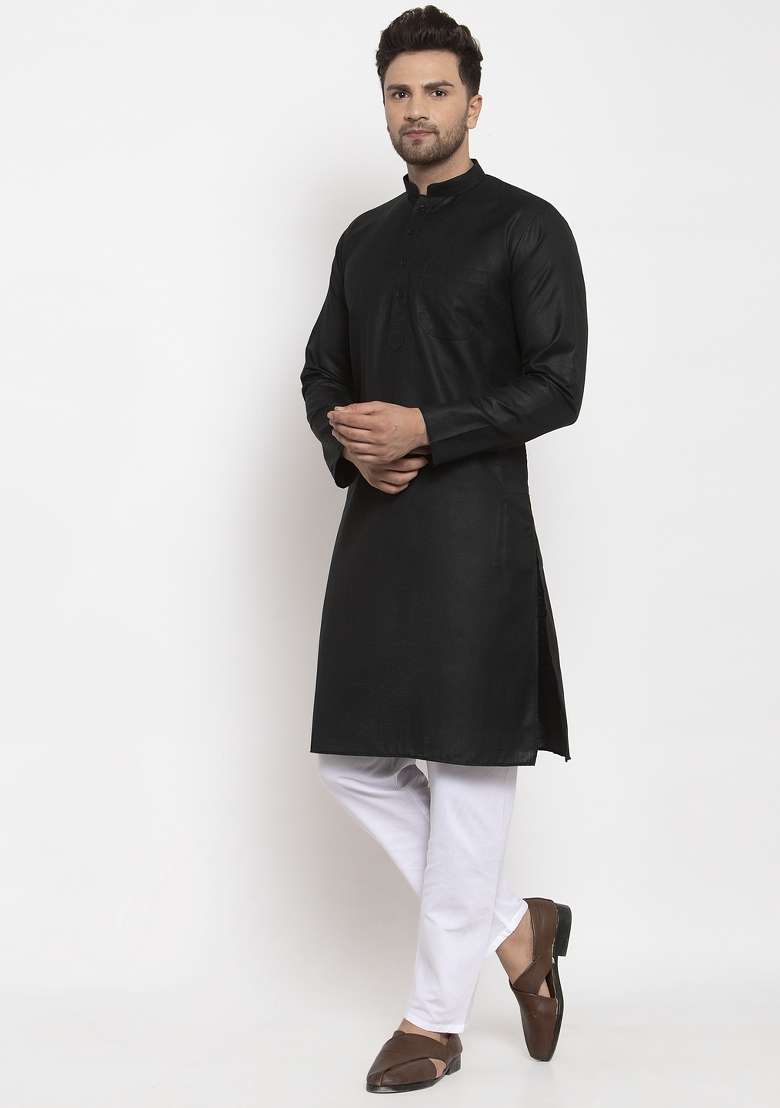 Black Solid Cotton Blend Kurta Set For Men - Indya