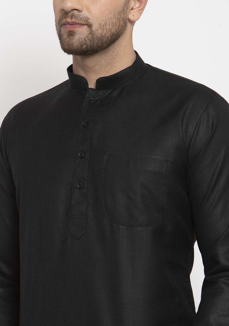 Black Solid Cotton Blend Kurta Set For Men - Indya