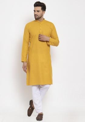 Mustard Yellow Solid Cotton Blend Kurta Set For Men