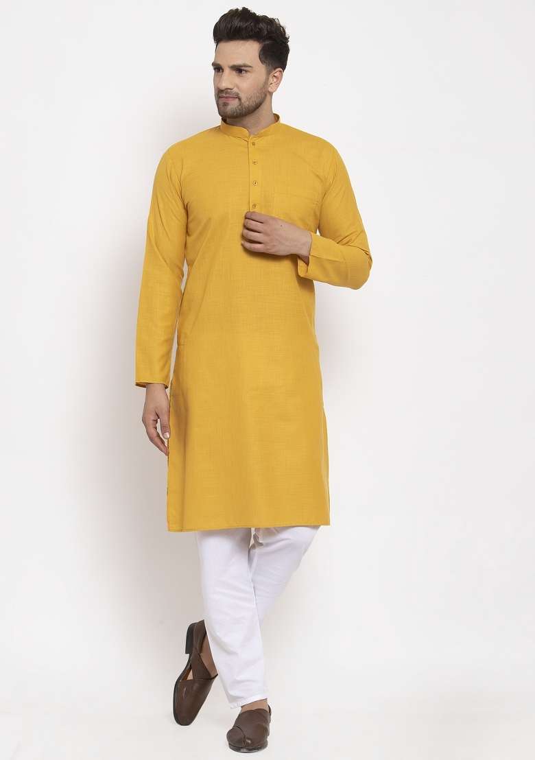 Mustard Yellow Solid Cotton Blend Kurta Set For Men - Indya